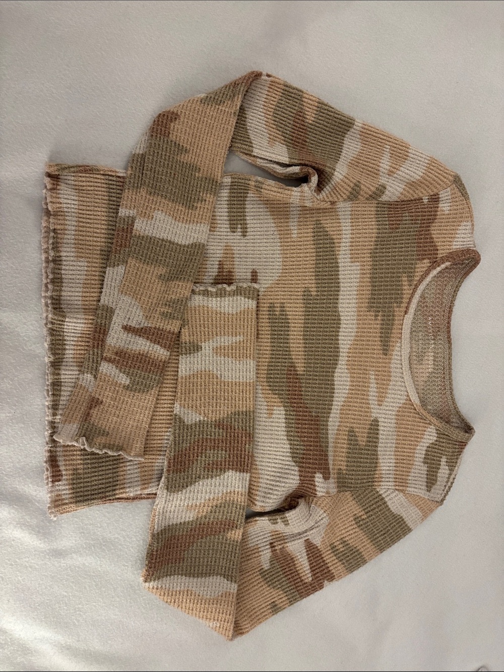 American Eagle Outfitters Neutral Camo Waffle-Knit Top